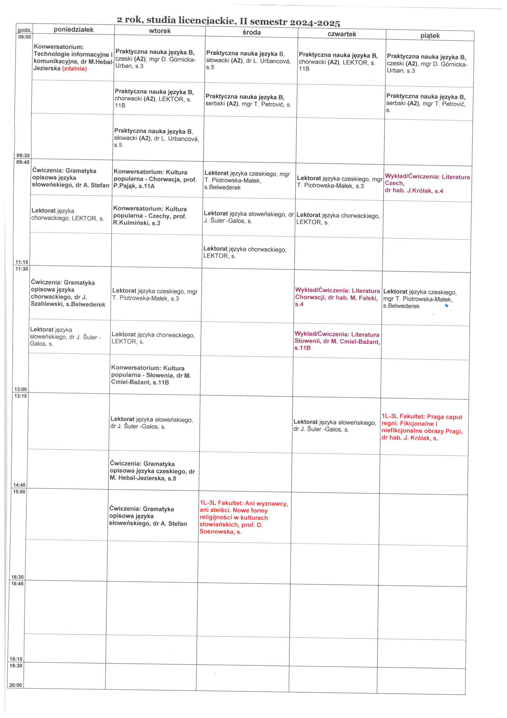 Plan zajęć, semestr letni 2024-2025, 2 rok, studia licencjackie